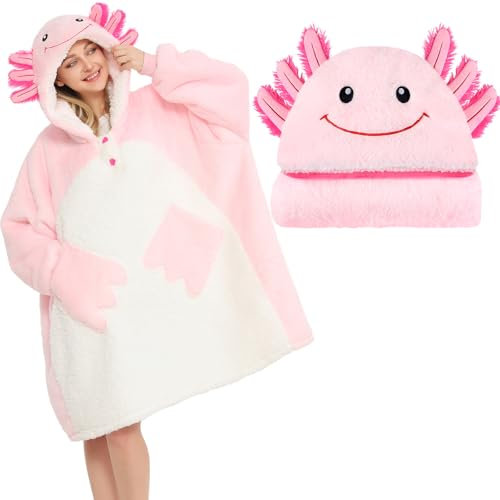 Axolotl tragbare Decke Hoodie für Damen und Kinder, übergroßes Sweatshirt mit Taschen und Ärmeln, hochwertiger, weicher, gemütlicher, dicker Plüsch und Sherpa-Fleece für ultra Wärme, Axolotl-Geschenke