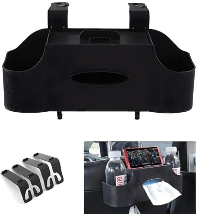 Car Rear Seat Kopfstütze Multifunktions Organisator, Auto-Organizer Rücksitz, Großes Fassungsvermögen, Hängend, mit Haken + Aufbewahrungsbox + Taschentuchbox + Ständer, Auto-Reise-Zubehör - Schwarz