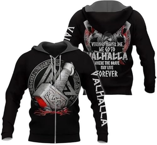 Odin Thor Hammer Viking Tattoo Men's Sweatshirt, Valhalla Long Sleeve Hoodie Casual Pullover Jacket for Autumn(Zipper,L)