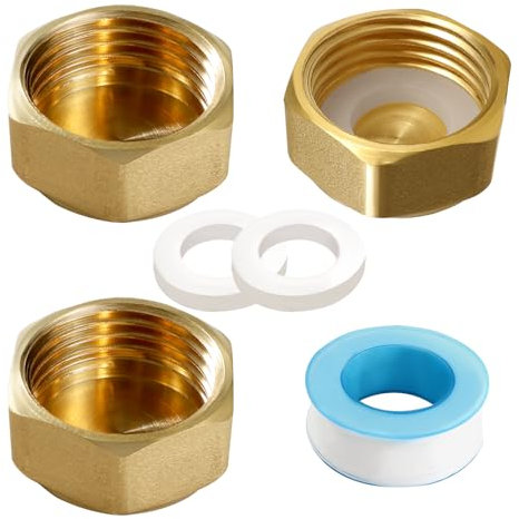 Lyeteung 3 Stücke G1/2 Messing Kappe Innengewinde, Sechskant, mit Schlauchunterlegscheiben und Rohmaterialband