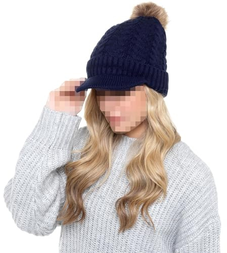 A2Z Ladies Cable Knit Peaked Beanie with Detachable Faux Fur Pom Pom | Sherpa Lined Winter Headwear Offering Stretch Comfort For Chilly Days