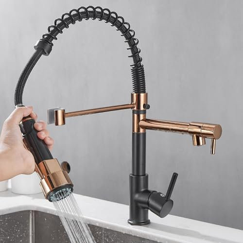 Kitchen Mixer Tap Spring, Kitchen Mixer Taps 1 Hole Single Lever 360° Swivel Brass 2 Outlet Kitchen Taps Mixer Hot and Cold Black + Rose Gold