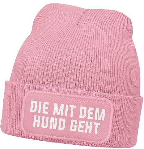 MoonWorks® Damen Beanie Strickmütze mit Patch Spruch Die mit dem Hund geht Aufdruck Lustig Damenmütze
