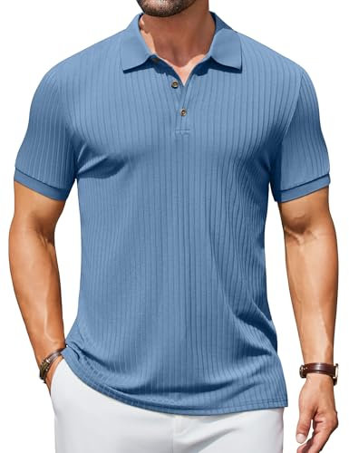 COOFANDY Mens Short Sleeve Polo Shirts Knitted Poloshirt with Buttons Summer Polo Shirt Ribbed T-Shirt Golf Shirts Gray Blue M