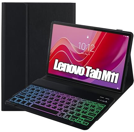 SUEEWE Case with Keyboard for Lenovo Tab M11 11 inch, 7 Color Backlight, Wireless UK Layout keyboard, Removable Detachable for Lenovo Tab M11 (TB330FU/TB330XU), Black