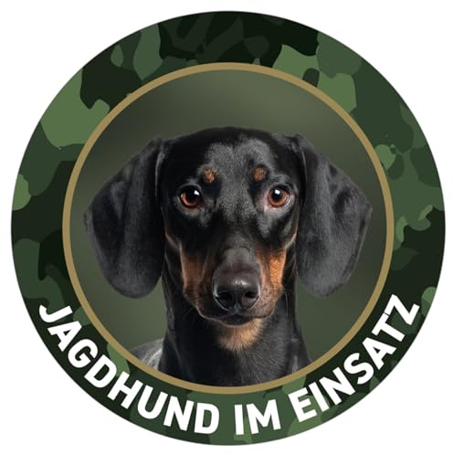 DACKEL, Teckel Aufkleber Kurzhaardackel - Jagdhund im Einsatz Sticker für Auto, Pkw, Kfz, Kofferraum oder Autoscheibe - mit Hunde und Jagdhundemotiven, Ø 10 cm, Outdoor - Made in Germany