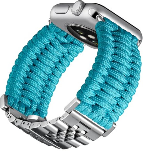 BINLUN Bracelet Compatible avec Apple Watch 42mm 41mm 40mm 38mm Tressé 550 Paracorde Acier Sport Bracelets Compatible avec iWatch Serie 10/9/8/7/SE2/SE/6/5/4/3/2/1(Turquoise Argent)