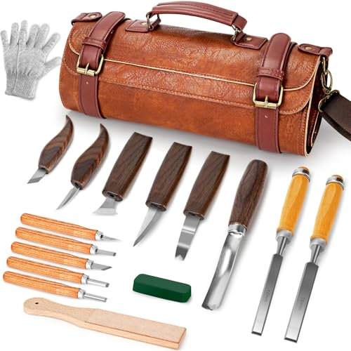K KERNOWO Woodworking Tools Kit, 17Pcs Wood Whittling Kit with Premium PU Leather Wrap for Beginners and Enthusiasts