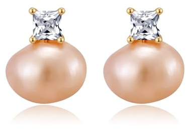JaruJaru Ohrringe für Damen | Zierliche Ohrstecker mit weißen/Champagnerton mit Korallenstich Barock Perlen und Zirkonia | 925 Sterlingsilber, hypoallergen | Aus echten Süßwasserperlen