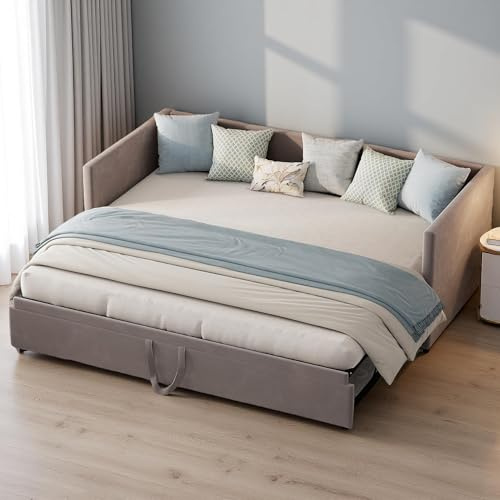 Poeahu Ausziehbares Schlafcouch 90/180 x 200 cm, Polsterbett 90x200 cm Schlafsofa, Tagesbett Multifunktionsbett Gästebett, Couch Bett 2 Sitzer für Wohnzimmer, Schlafzimmer, Samt (Grau, 213x183x74 cm)