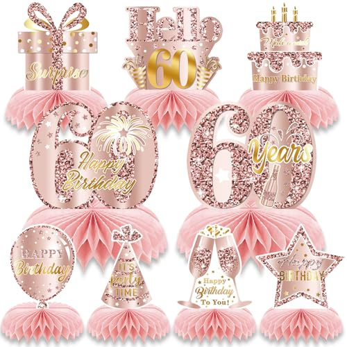 60th Birthday Honeycomb Decorations 9 Pcs Rose Gold Centerpieces Pink Table Decorations for 60th Birthday Party Happy Birthday Table Centerpieces Party Supplies for Women Girls (60th)