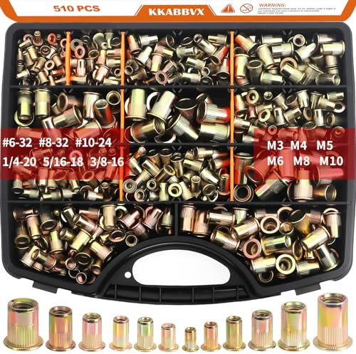 Rivet Nuts Assortment kit, 550pcs SAE & Metric Rivet Nut,Galvanized Carbon Steel Flat Head Threaded Rivet Sizes M3,M4,M5, M6,M8,M10,#6-32,#8-32,#10-24,20,5/16-18,3/8-16