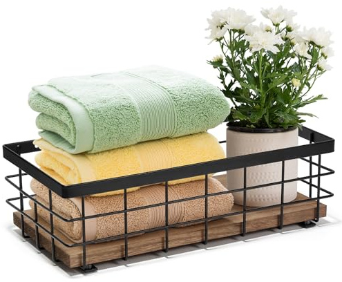 THYGIFTREE kleine Metallkorb, dekorative Holz Base Organizer für Bad, Küche, Korb für Toilettenpapier Lagerung, Zucker-Paket, Kaffeesirup, Gast Handtuch, Serviette (1-Pack Holzfarbe)