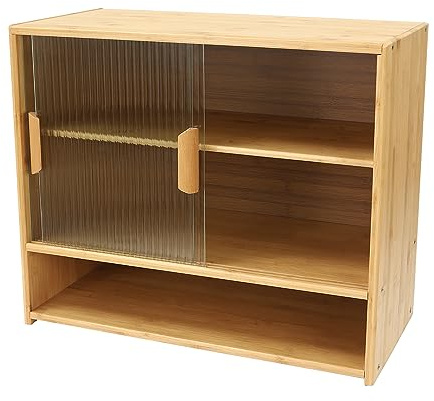 DQSPDBD Bamboo Kitchen Pantry Sideboard with Sliding Glass Doors, Freestanding Storage Cabinet with Adjustable Height, 3-Tier Utility Cupboard for Bottles and Dishes