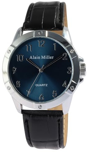 Alain Miller Herren Armbanduhr aus Kunstleder in Schwarz, in Einer Länge von 24 cm, Klassisches Design für jeden Mann