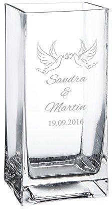 Casa Vivente Blumenvase aus Glas mit Gravur, Motiv Tauben, Personalisiert mit Namen und Datum, Dekoration, Hochzeitsgeschenk für Brautpaar