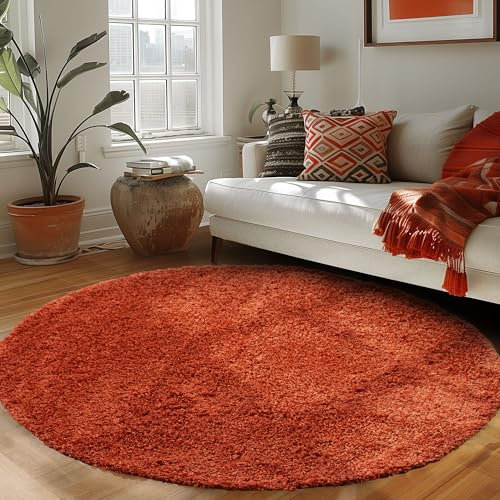 Runder Teppich Wohnzimmer Hochflor Einfarbiges Design Langflor Shaggy Modern Flauschig, Farbe: Terrakotta, Größe: 200 cm Rund