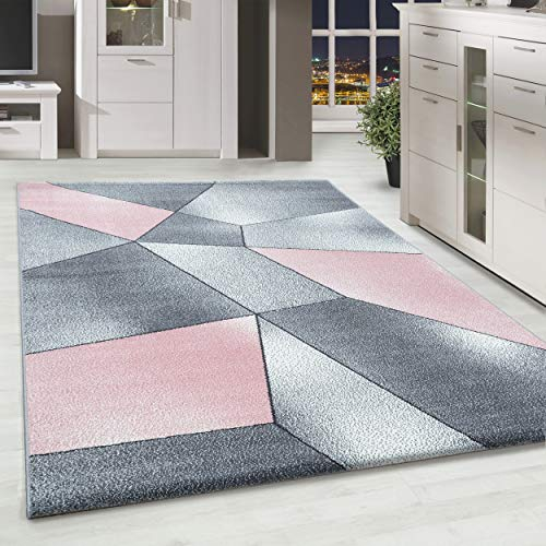 HomebyHome Teppich Wohnzimmer 160x230 cm Rosa Abstrakt Geometrisch Design - Schlafzimmer Teppich Kurzflor Extra Weich Pflegeleicht Teppiche für Küche Esszimmer Jugendzimmer Kinderzimmer