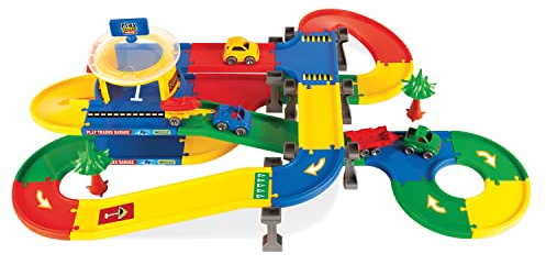 Play Tracks Garage auf zwei Ebenen mit drei Fahrzeugen, zwei Anhängern und 5,5 m Spielstraße, ab 12 Monaten