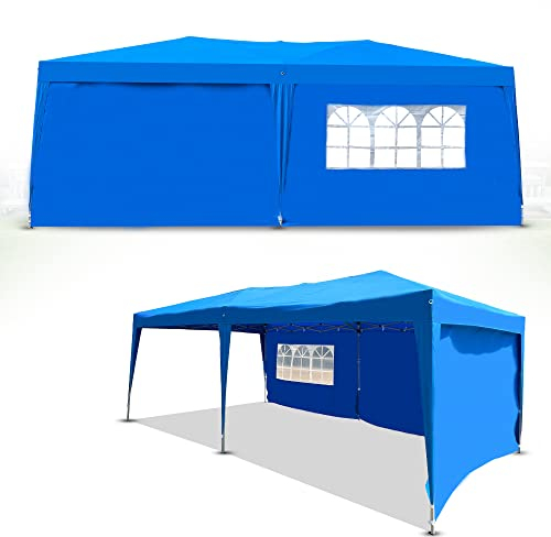 Defacto Pavillon 3x6m Faltpavillon Gartenzelt Partyzelt Garten Faltbar Polyester- PVC Beschichtung-100% wasserdicht 3- Seitenwand (3volle Wand in 3m und 1 Fenster) Inkl. Tragetasche BLAU