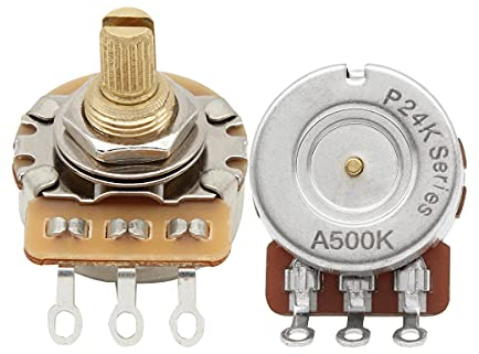 FLEOR Short Brass Shaft Control Pots A500K Audio Taper Potentiometers 24 Spline Split Shaft D3/8 for Electric Guitar Control Volume Tone, Pack of 2
