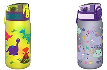 ion8 Niños Botella Agua, Sin Fugas, Dinosaurios, 400ml + Niños Botella Agua, Sin Fugas, Unicornios, 350ml