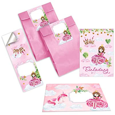 Junapack 12 Einladungskarten zum Kindergeburtstag Mädchen Prinzessin mit Einhorn incl. 12 Umschläge, 12 Tüten/rosa, 12 Aufkleber