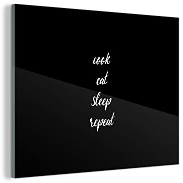 MuchoWow Glasbild Glasfoto Wandbild Bilder Deko 80x60 cm Sprichwörter - Kochen essen schlafen wiederholen - Zitate - Kochen - Essen