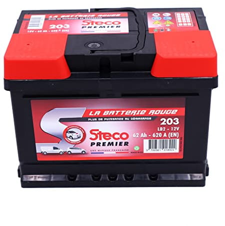 Stecopower 203 Batterie, 12V 62Ah 620A Gamme Rouge Steco Premier, 242mm x 175mm x 175mm