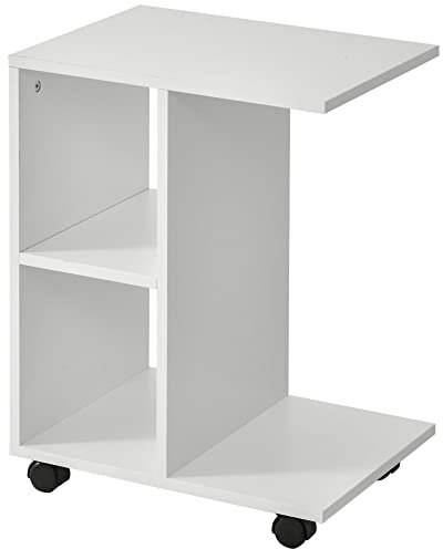 HOMCOM Tavolino da Salotto a C con 2 Ripiani Aperti e 4 Ruote Girevoli, Comodino in MDF e PE, 45x35x58 cm, Bianco