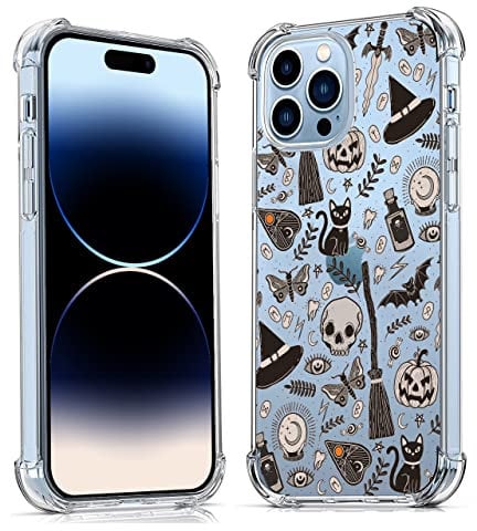 Vesidurt Transparente Halloween-Schutzhülle für iPhone 14 Pro, Kürbis-Schädel und Fledermaus-Collage, trendige, transparente, weiche TPU-Schutzhülle für iPhone 14 Pro, Schwarz