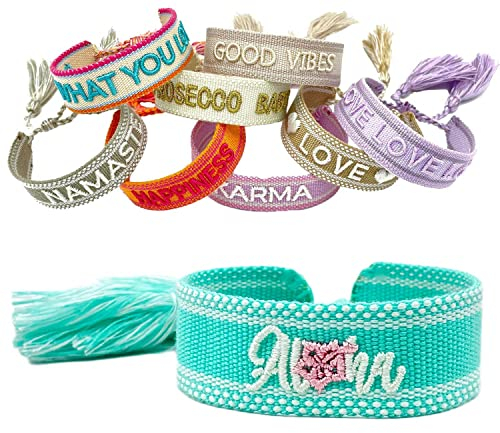 LS-LebenStil Exklusives Statement Armband Quasten besticktes Boho Canvas Webarmband (Aloha Türkis Weiß Rosa)