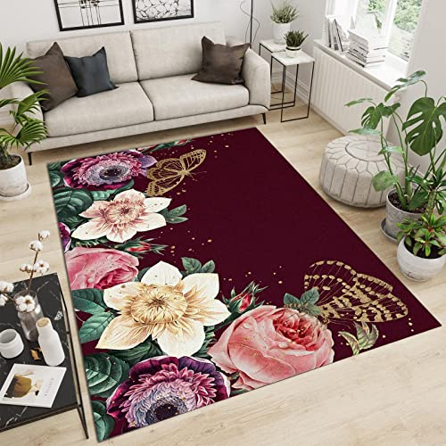 SANSJI Rosa, Gelbe, Violette Vintage-Blume Teppiche, Goldener Schmetterling Verträumt Maschinengewebt Flachgewebter Teppich - für Wohnzimmer, Kinderzimmer, Schlafzimmer und die Küche 160 x 230 cm