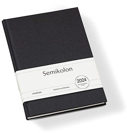 Semikolon 369068 Wochenkalender & Notizbuch 2024 A5, 13 Monate, 100g/m² Papier, Englisch, Hardcover, black schwarz