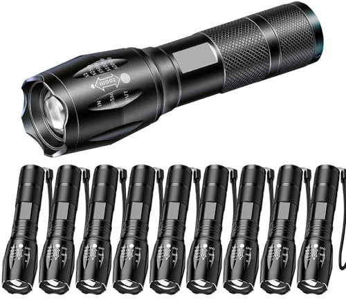 MVIOCS Lot de 10 lampes de poche LED tactiques lumineuses à haute luminosité avec 5 modes, étanche, zoomable, lampe torche portable pour camping, randonnée, extérieur, urgence à la maison