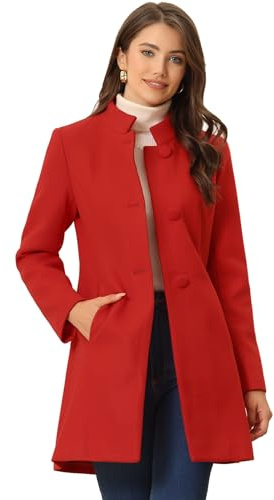 Allegra K Women's Winter Overcoat Mid-Long Stand Collar Single Breasted Coat Outerwear Bright Red M