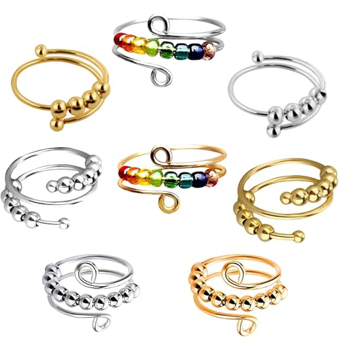 SHOWHEEL 8 Stück Verstellbare Anti Stress Ring,Angst Daumen Ring,Anxiety Ring,Regenbogen Spinner Ring Damen,Linderung von Ängsten und Antistress Ringe,Angst Ring und Fidget Ring für Frauen und Herren