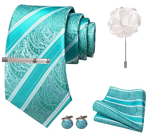 JEMYGINS Herren gestreifte bestickte Hochzeits Krawatte mit passendem Einstecktuch und Krawattenklammer Set,Hellblau-paisley Muster, hellblau gestreift