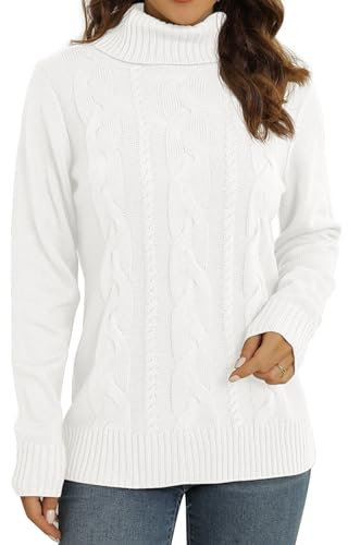 QIXING Women's Jumper Turtle Neck Cable Knit Ribbed Sweater Long Sleeve Tops for Women UK Chunky Knit Ladies Pullover(White, XXL)