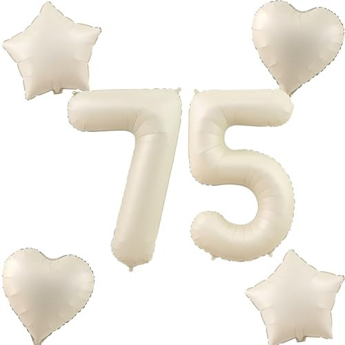 Beige Luftballons Zahl 75+4 pcs herz/stern Folienballon Zahl 75 .Geburtstag frau mädchen,75 Riesenzahl Ballons 75 .geburtstagsdeko mann,Zahlenballon 75, Helium Ballons 75 Zahlen Luftballon