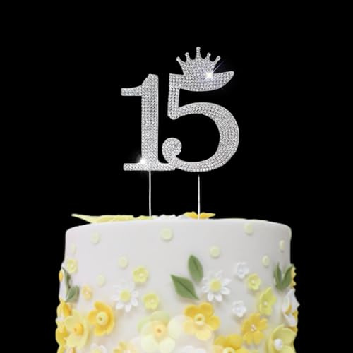 15 Cake Topper, Happy 15th Birthday Cake Topper 15 Wedding Decoration 15th Anniversary Cake Topper Decoration 15 Silver Rhinestone Birthday Decoration (Silvery)