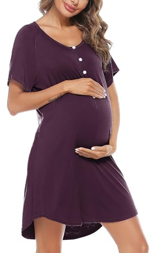 Uniexcosm Chemise de Nuit Femme Été Robe de Nuit Femme Coton Chemise de Nuit Allaitement Maternité Manches Courtes Col en V avec Bouton Devant Ouvert XL Violet Foncé