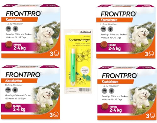 FRONTPRO Kautabletten für Hunde 2-4kg Viererpackung gegen Zecken und Flöhe mit Zeckenzange: Schutz für 30 Tage