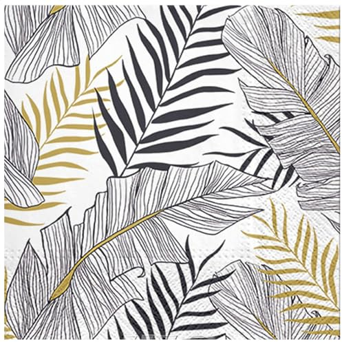 MACOSA U6SNL487_x2 Lot de 40 serviettes en papier, jetables - 33 x 33 cm - Motif feuilles - Noir et blanc doré - Décoration de table - Serviettes jetables - Serviettes de cocktail - Serviettes de fête