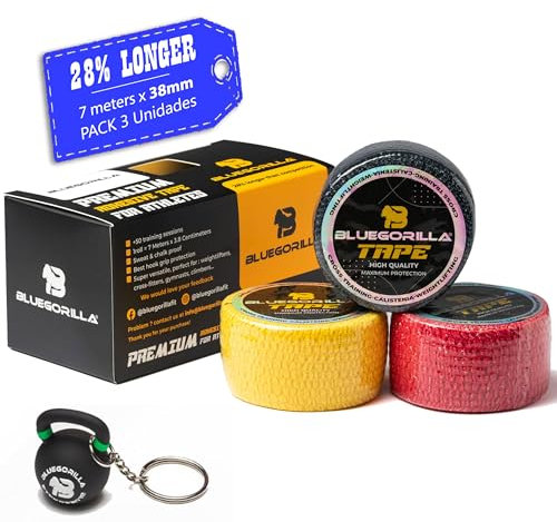 BLUEGORILLA Tape Crosstraining, Esparadrapo Deportivo - Venda elastica cohesiva y autoadhesivas - Pack 3,6 y 12 - Llavero en 3 y 6 Pack. (Mixto 3 Unidades 38mm x 7m)