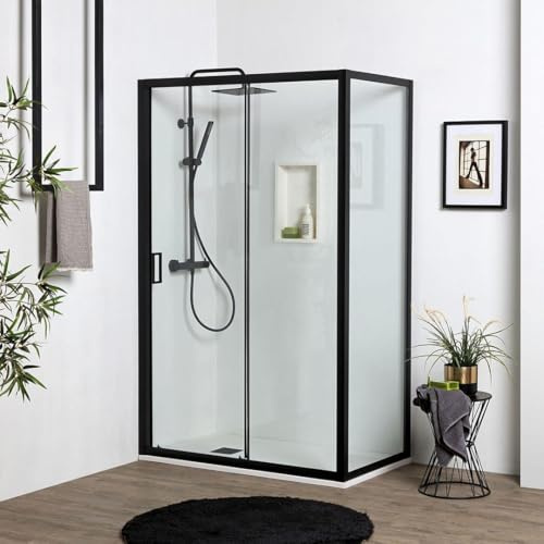 Kiamami Valentina Porta Doccia Nicchia 140 Cm Con Parete Fissa 80 Cm City | Cristallo temperato trasparente 6 mm, telaio nero opaco, apertura scorrevole, H 190 cm, sgancio rapido