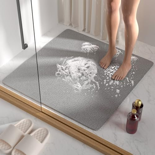 HITSLAM Tapis de Douche Antiderapant, 68x68cm Tapis de Baignoire Antidérapant avec Drain, Doux PVC Luffa Tapis de Bain pour Salle de Bain, Séchage Rapide, Gris