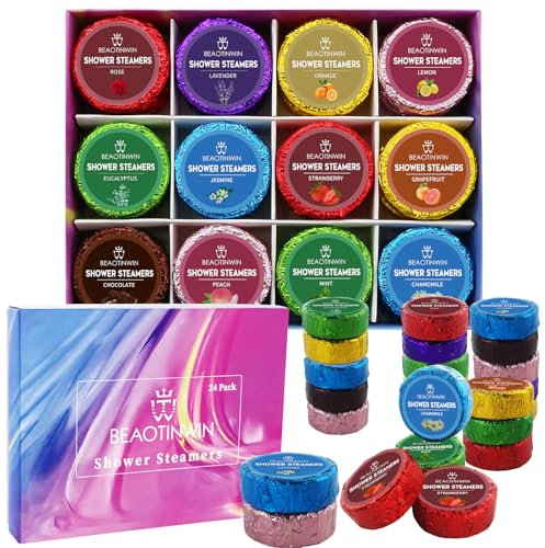 Lot de 24 comprimés de douche d'aromathérapie - Soulage le stress et soins personnels de luxe - Ensemble de bombes de douche bio végétaliennes - Cadeau d'anniversaire relaxant - Paniers de