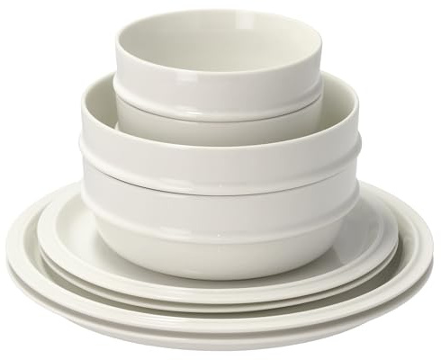 Zone Denmark Eau Geschirrset – Porzellan Geschirr Set – 8-teiliges Frühstücksset mit Teller, Schale & Becher – Minimalistisches Design – Spülmaschinengeeignet – Offwhite