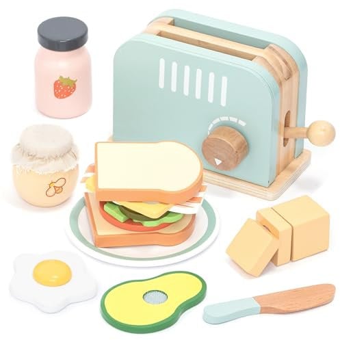 UMU® Grille-Pain en Bois et Sandwich - avec Grille-Pain Pop-up, Coupe Beurre, Accessoires de Cuisine pour Enfants, etc. - Jouet en Bois pour Enfants à partir de 3, 4, 5, 6 Ans